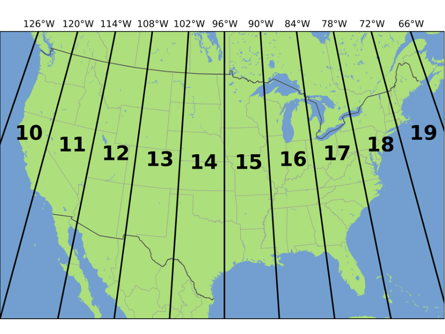 Simplified view of contiguous US UTM zones, projected with Lambert conformal conic. Source: By Chrismurf at English Wikipedia.